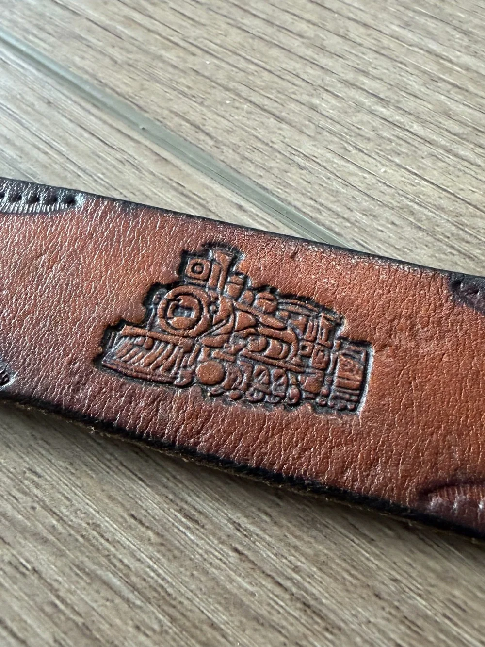 Vintage Brown Leather Train Embossed Belt